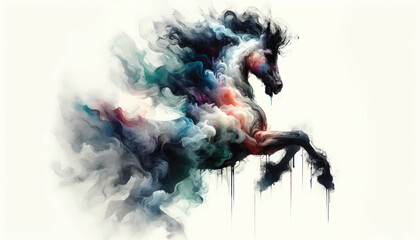 Vibrant, dreamlike horse artwork in a swirled explosion of color and smoke, with ink-like drips. Dynamic, artistic representation ideal for bold walls, creative campaigns.