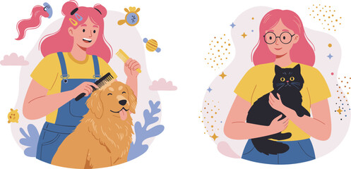 Pet grooming and cat care concept, young woman brushing dog and holding black cat, flat colorful cartoon vector illustration