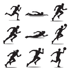Collection of Eight Active Athlete Figures: Running, Cycling, Swimming, and Strength Training