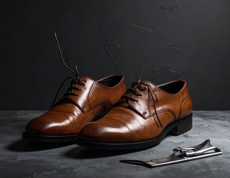 Classic brown leather men's dress shoes on dark background