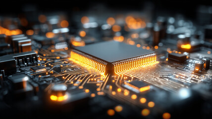 Microchip on circuit board illustrating processing power innovation and the core engine of modern computing and electronics

