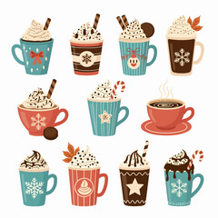 Seamless vector pattern with cute coffee and tea cups, sweet chocolate cupcakes, muffins, and bakery desserts for a delicious food illustration background
