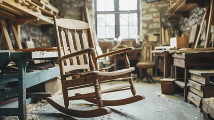 Artisan rocking chair crafting in a rustic workshop filled with wood shavings and tools bathed in soft window light