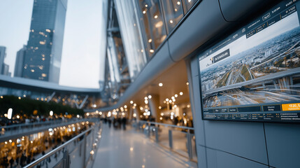 A grand futuristic transport hub rises vertically with levitating trains gliding through glass tunnels. AI-driven traffic flows on 3D panels as crowds in glowing attire wait on illuminated twilight pl