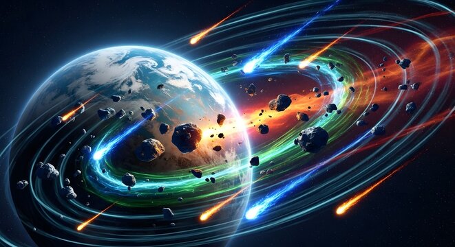 Cosmic Chaos: Earth surrounded by swirling asteroids and falling meteors, symbolizing space, danger, and the dynamics of the universe