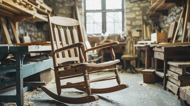 Artisan rocking chair crafting in a rustic workshop filled with wood shavings and tools bathed in soft window light