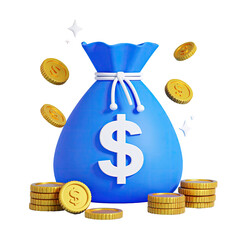 A 3D rendering shows a vibrant blue money bag with a white dollar sign, gold coins