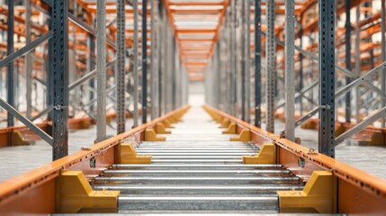 Detailed medium shot of mobile racking system on rails main adjustable frame sharply focused surrounding racks softly blurred to emphasize spacesaving design.