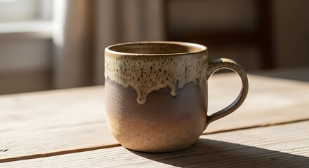 Handmade ceramic coffee mug with speckled glaze on wooden table