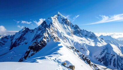 Fototapeta premium Majestic snow-covered mountain range stands under a bright blue sky with scattered fluffy clouds, showcasing rugged peaks and stunning natural beauty, creating a serene and inspiring landscape.