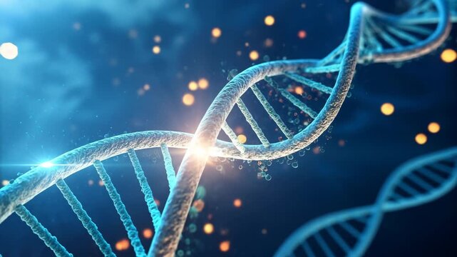 Molecular DNA double helix structure illuminated by bright blue light, representing genomics and scientific innovation. - Powered by Adobe