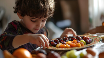 A little boy is sitting at a table and eating fruit from a plate, enjoying a healthy snack in a bright and cheerful setting at home
