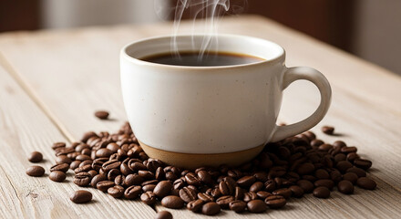 Fototapeta premium A cup of hot coffee on a wooden table with coffee beans surrounding the glass.
