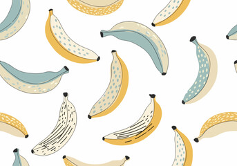 Seamless vector pattern of ripe yellow bananas featuring organic tropical fruit illustrations isolated on a white background for healthy vegetarian diet and snack designs