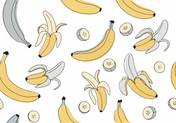 Seamless vector illustration of a healthy ripe yellow banana pattern with fresh tropical fruit food isolated on a white background for an organic vegetarian diet snack