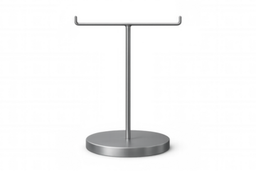 Empty silver t-bar metal retail display stand for necklaces or bracelets, transparent background png