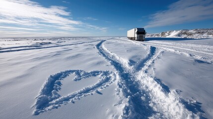 Obraz premium Truck parked on a vast snowy landscape with a heart shape drawn in the snow under a clear blue sky
