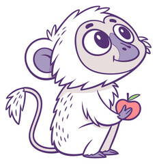 Obraz premium A charming white fluffy cartoon monkey holding a small red apple and looking up.Isolated transparent background ( include cut-out PNG file )