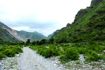 A wide gravel path winding through a dramatic, lush green mountain valley in Swat, with steep, rugged hillsides rising on both sides under a cloudy sky