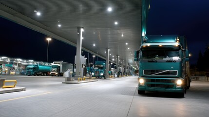 Trucks parked at night in a well-lit transportation hub showcasing busy logistics operations