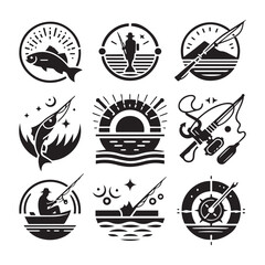 Nine black and white circular fishing emblems depicting anglers, fish, boats, and natural landscapes Keywords: fishing, angler, fish, silhouette, emblem, logo, icon, sport, hobby, recreation