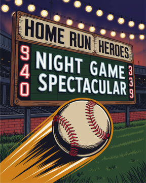 Vibrant Baseball Night Game Illustration with Home Run Scoreboard, Stadium Lights, and Flying Baseball for Sports Promotions
