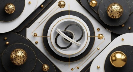 Luxurious 3D render of an abstract geometric composition. Black, white, and gold marble with elegant spheres and rings. Modern futuristic background