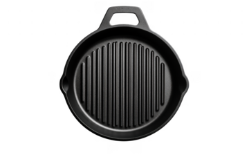 Black cast iron grill pan isolated on a transparent background