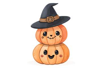 Hand-drawn illustration of three cute pumpkins stacked on top of each other in a vertical pile. Each pumpkin is painted in a soft, watercolor brush style with warm orange tones and textured shading. T