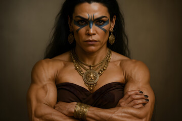 portrait of a muscular,  indigenous female warrior