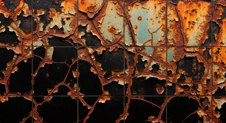 Abstract background of a rusty tiled surface with peeling paint. Close-up of corrosion and decay. Industrial grunge texture