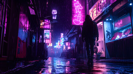 A solitary figure walks down a rainsoaked street at night, surrounded by neon lights in a cyberpunk and futuristic cityscape