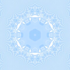 Delicate light blue symmetrical mandala with intricate lace-like patterns and soft glow. Perfect for meditation apps, wellness branding, or serene digital backdrops.