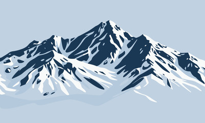 Vector illustration of a high snow covered mountain peak with sharp ridges and blue sky with clouds in the background	