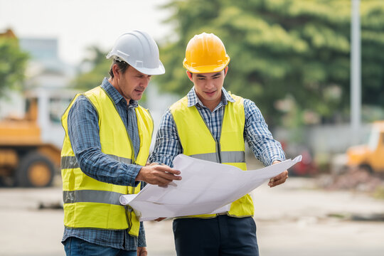 Construction Blueprint: Two construction workers collaborate intently, poring over blueprints on a bustling construction site, embodying diligence, and teamwork. - Powered by Adobe
