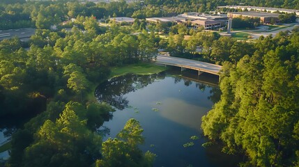 Fototapeta premium Aerial View of Lake with Forest, Bridge, and Campus Buildings at Early Morning