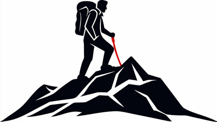 Dynamic hiker silhouette conquering mountain peak, adventurous journey to the top, vector design