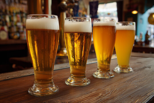 Golden Brews: An array of beer-filled glasses, each glistening with a frothy head, stands on a weathered wooden counter, evoking a scene of convivial enjoyment and rich flavors. - Powered by Adobe