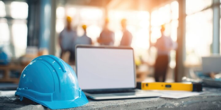 The blue hard hat and laptop on a construction site planning table