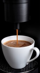 Rich coffee is brewed from an espresso machine into a white cup, showcasing the perfect crema and aroma in a modern kitchen setting