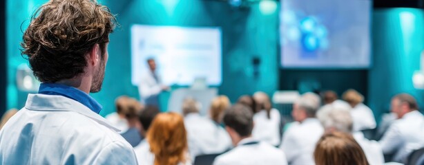 The doctor attending a medical conference presentation in a modern lecture hall
