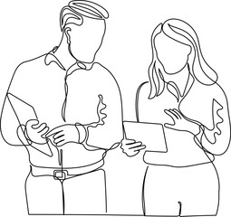 One Line Art Business Discussion. Minimalist Continuous Line Drawing of Man and Woman Collaborating with Tablet for Office, Corporate, and Teamwork Concept Illustration
