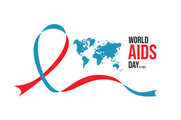 Vector illustration for World AIDS Day with a red and blue awareness ribbon and a world map symbolizing global unity and support in the fight against HIV and AIDS, observed on December 1.
