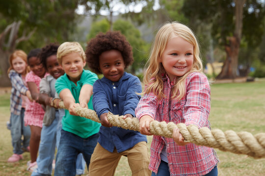 Tug-of-War: A vivid display of camaraderie and competition as a group of cheerful children engage in a spirited game of tug-of-war on a sunny day.
