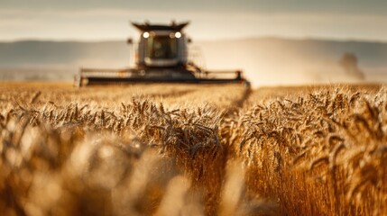 Medium frame capturing a sleek robotic grain harvester operating in a sunlit wheat field the crops in soft focus highlighting the machinerys efficiency.