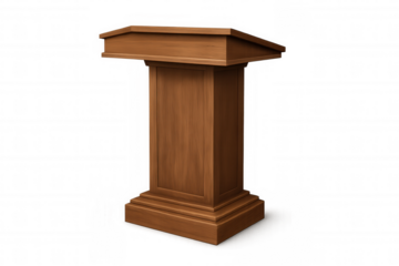 Wooden podium with a sloped top, ideal for a speaker giving a presentation or speaking to a crowd. The background is transparent