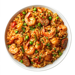 Fototapeta premium Delicious Spicy Jambalaya Rice with Shrimp, Sausage, and Vegetables for Gourmet Cooking Inspiration