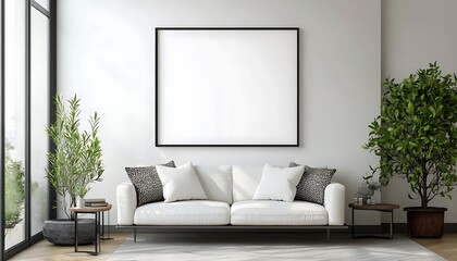 Bright Living Room Interior; White Couch, Square Black Frame, Plants, and Sunny Window