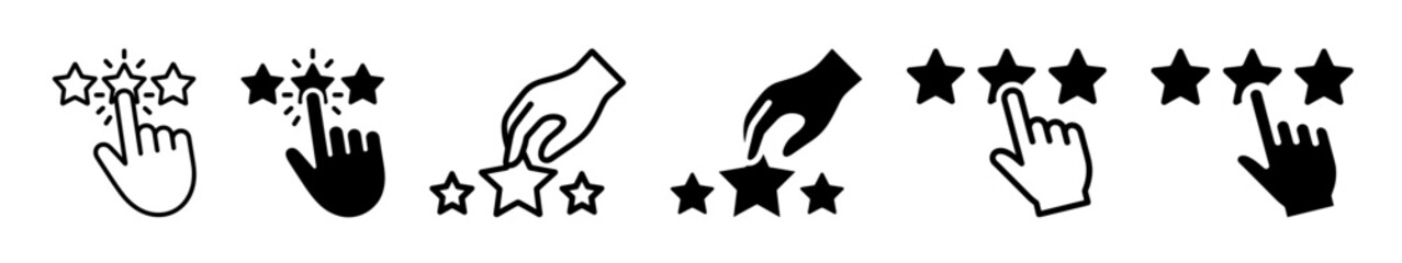 Set of star rating icons with hand cursor and hand