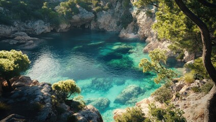 Obraz premium Idyllic cove with crystal-clear turquoise water and rocky cliffs framed by lush green trees, offering a serene and picturesque seascape